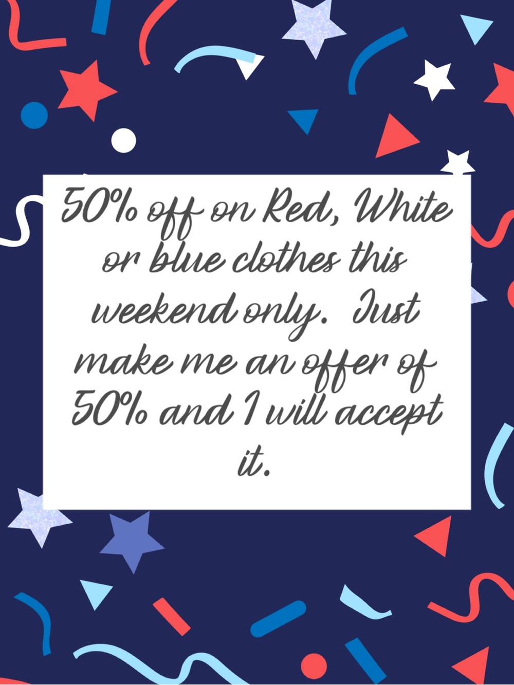 Patriotic Red White and Blue 50% off Sale